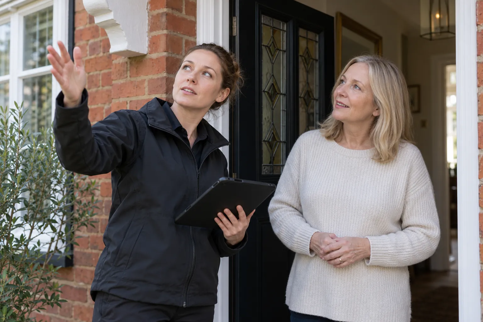 Illustration: unique woman property inspector speaking with homeowner at British front door