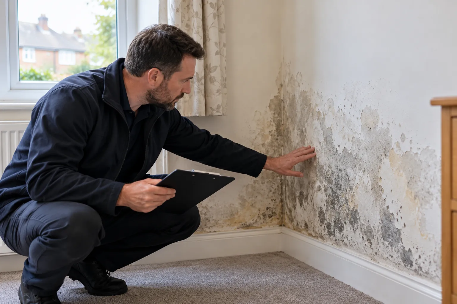Illustration: male specialist examining a damp wall in a British home