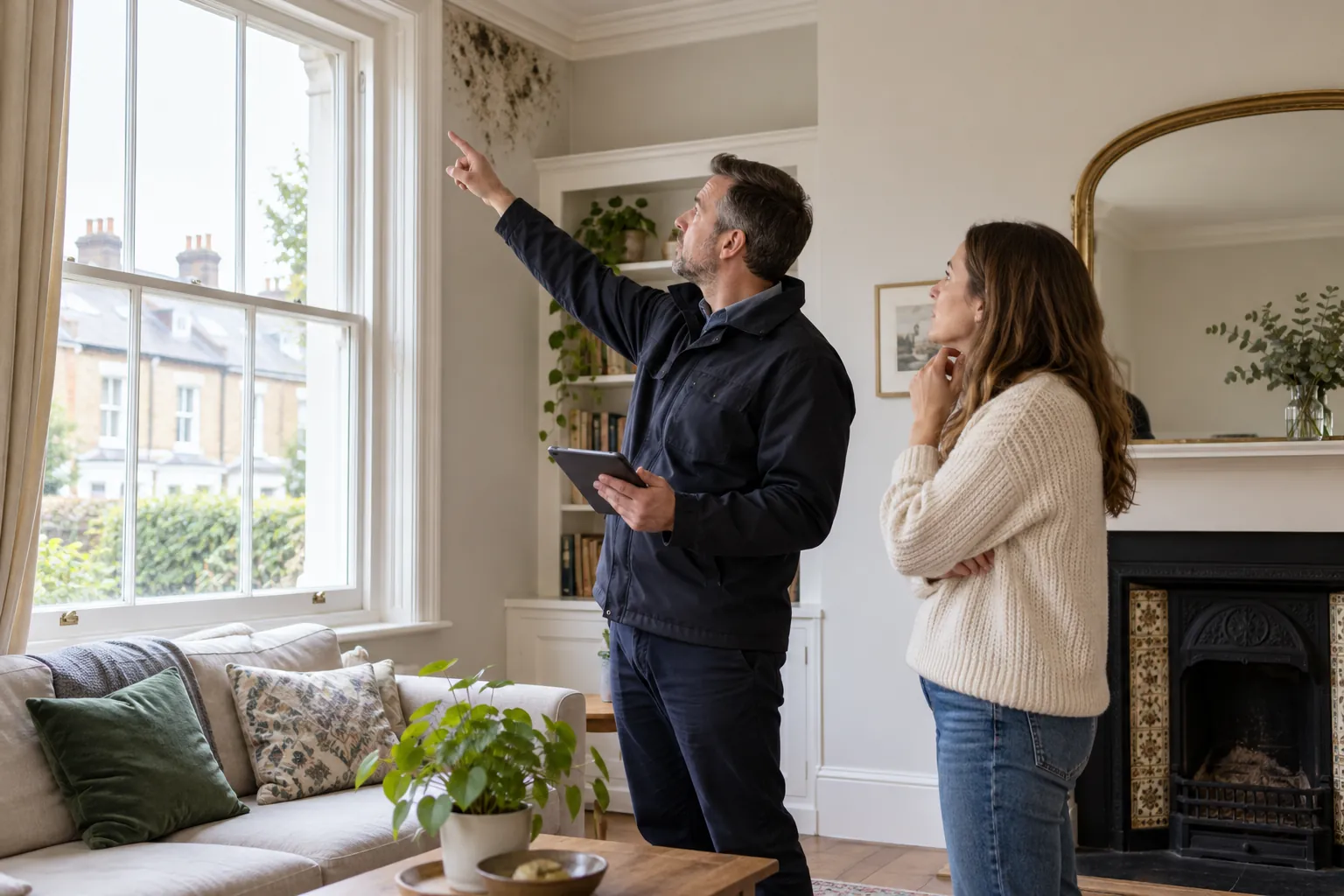 Illustration: wide British living room with sash windows and subtle mould patch