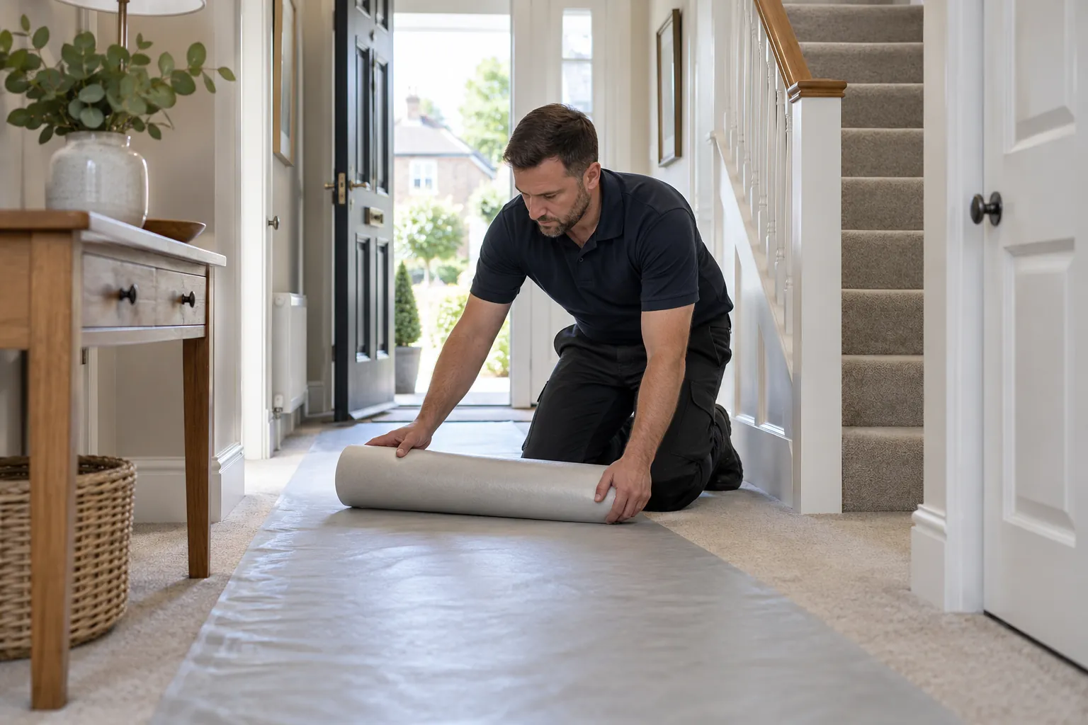 Illustration: technician preparing protective coverings in hallway