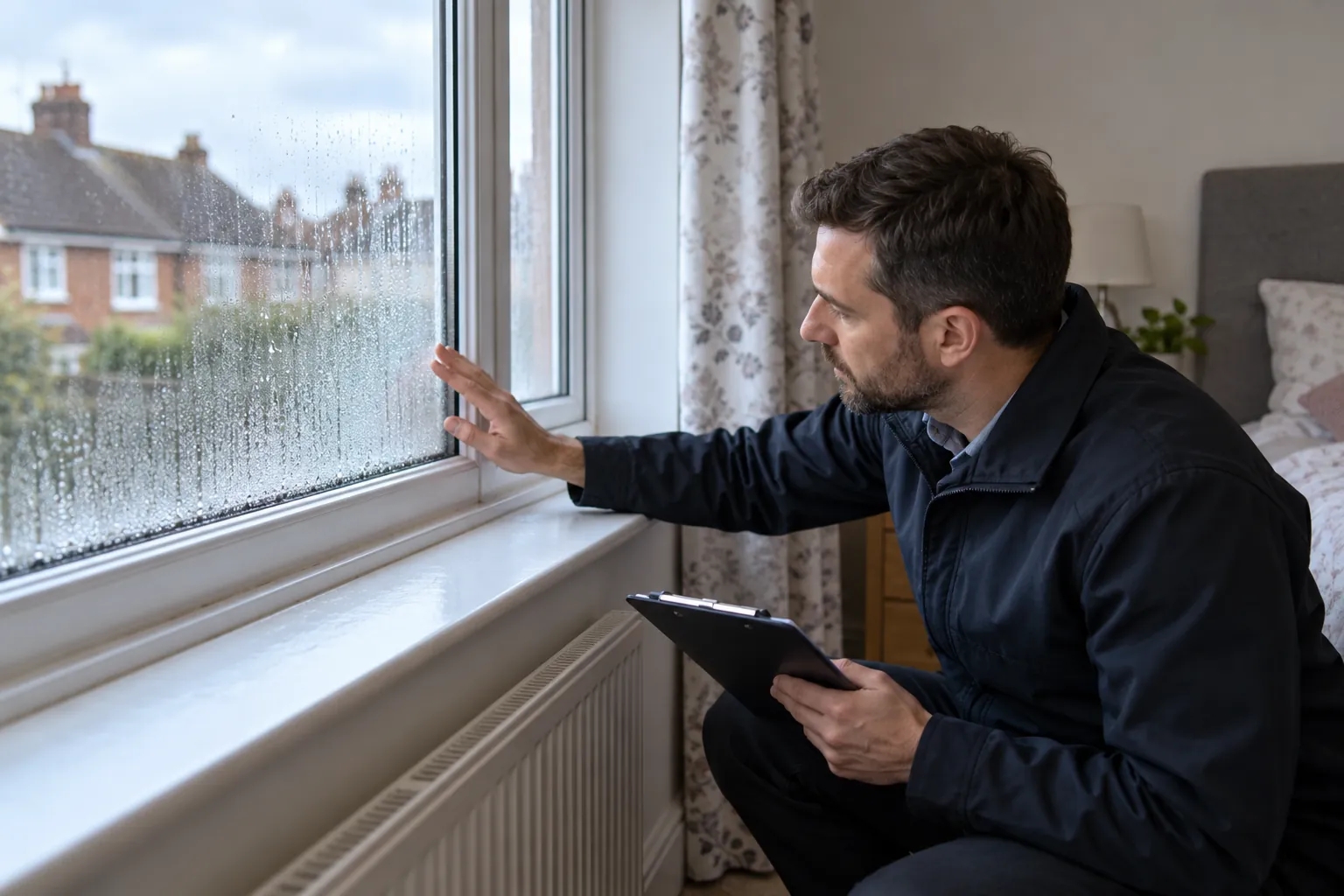 Illustration: inspector examining condensation on British bedroom window