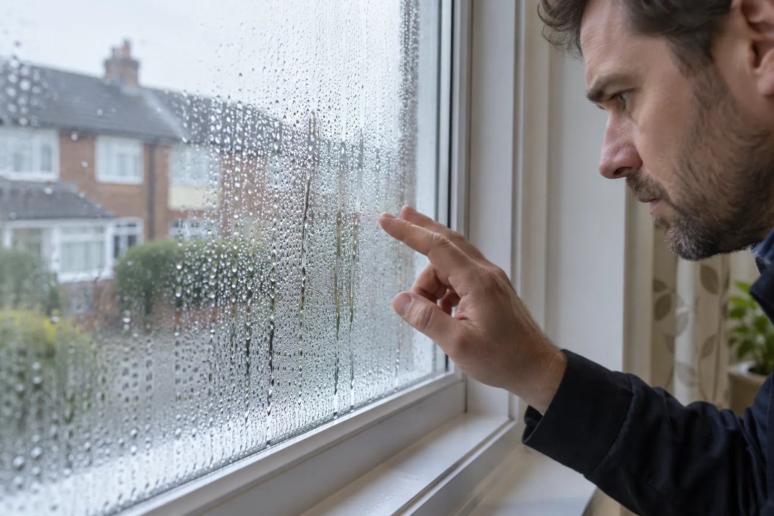 Illustration: close-up droplets on cold window glass