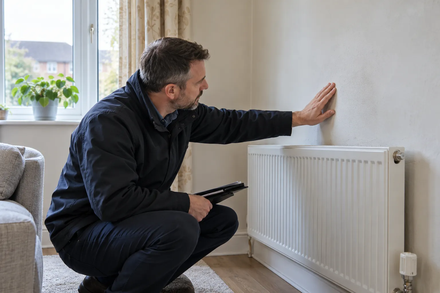 Illustration: inspector observing a cold wall near a radiator
