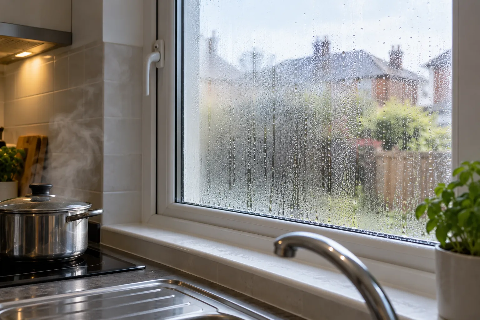 Illustration: condensation on kitchen window after cooking with no people