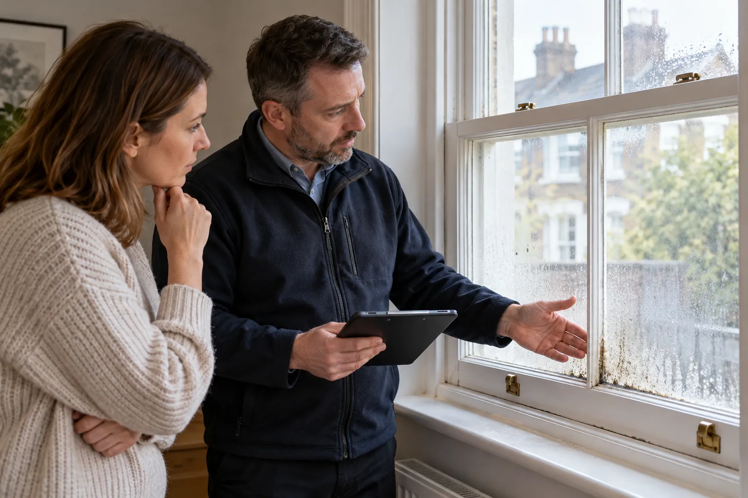 Illustration: resident and inspector discussing sash window moisture