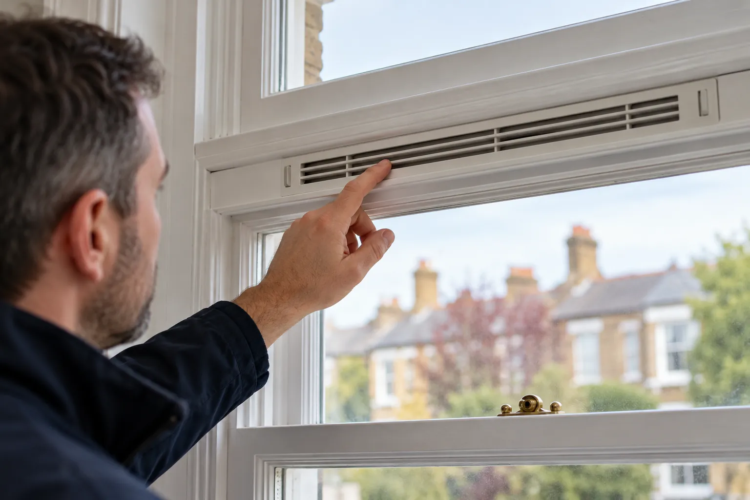 Illustration: close-up of a sash window background vent