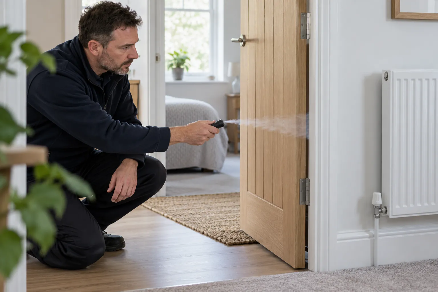 Illustration: technician checking an interior doorway airflow route