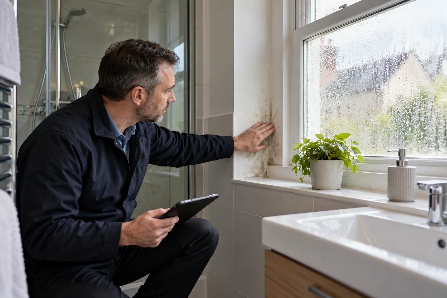 Illustration: British bathroom with wet window after shower