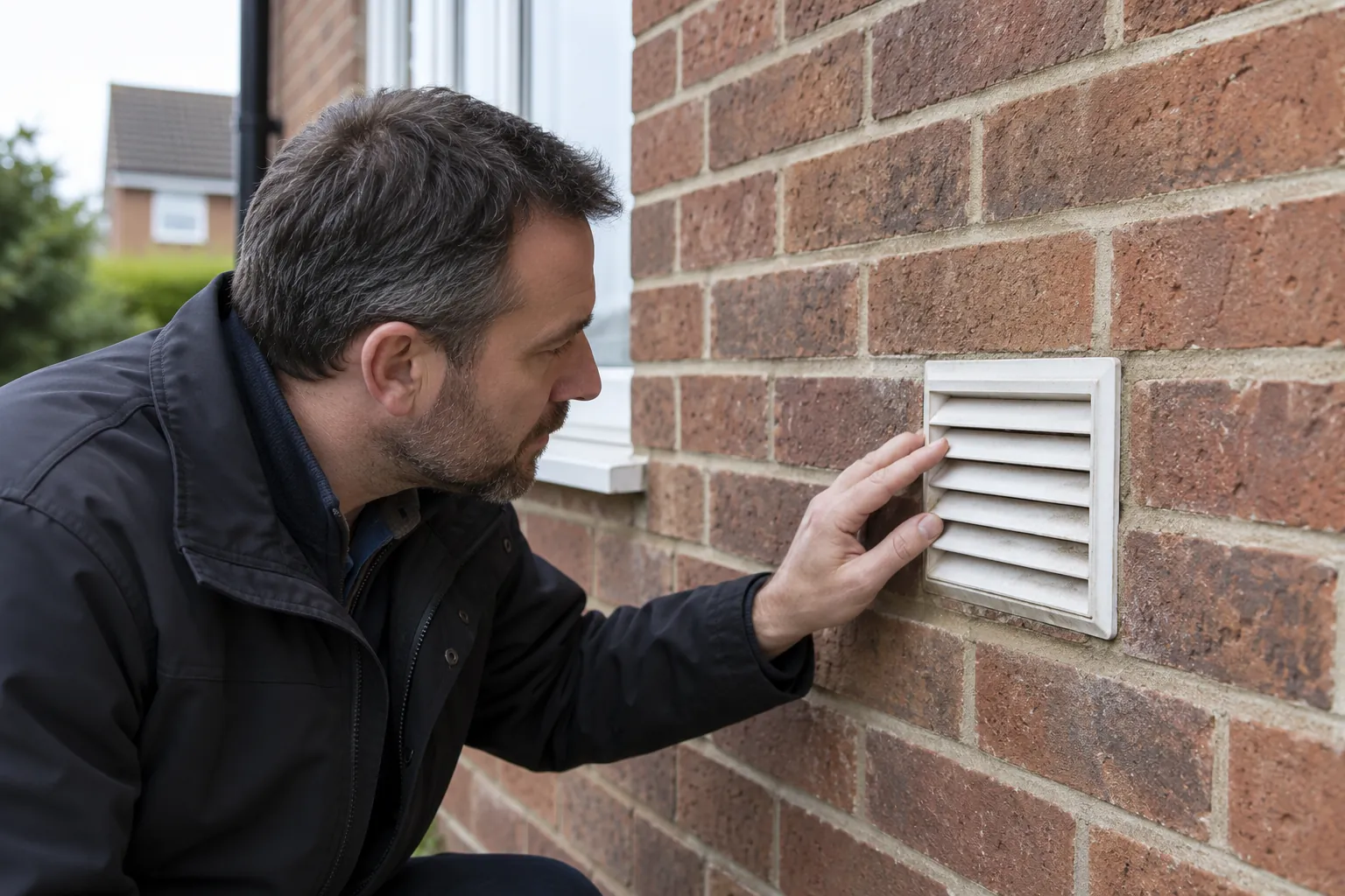 Illustration: simple plain unbranded ventilation outlet on outside brick wall