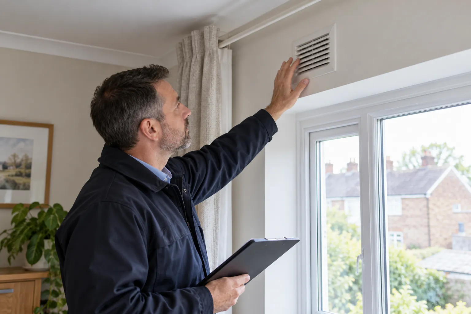 Illustration: inspector looking at unobstructed ventilation near window