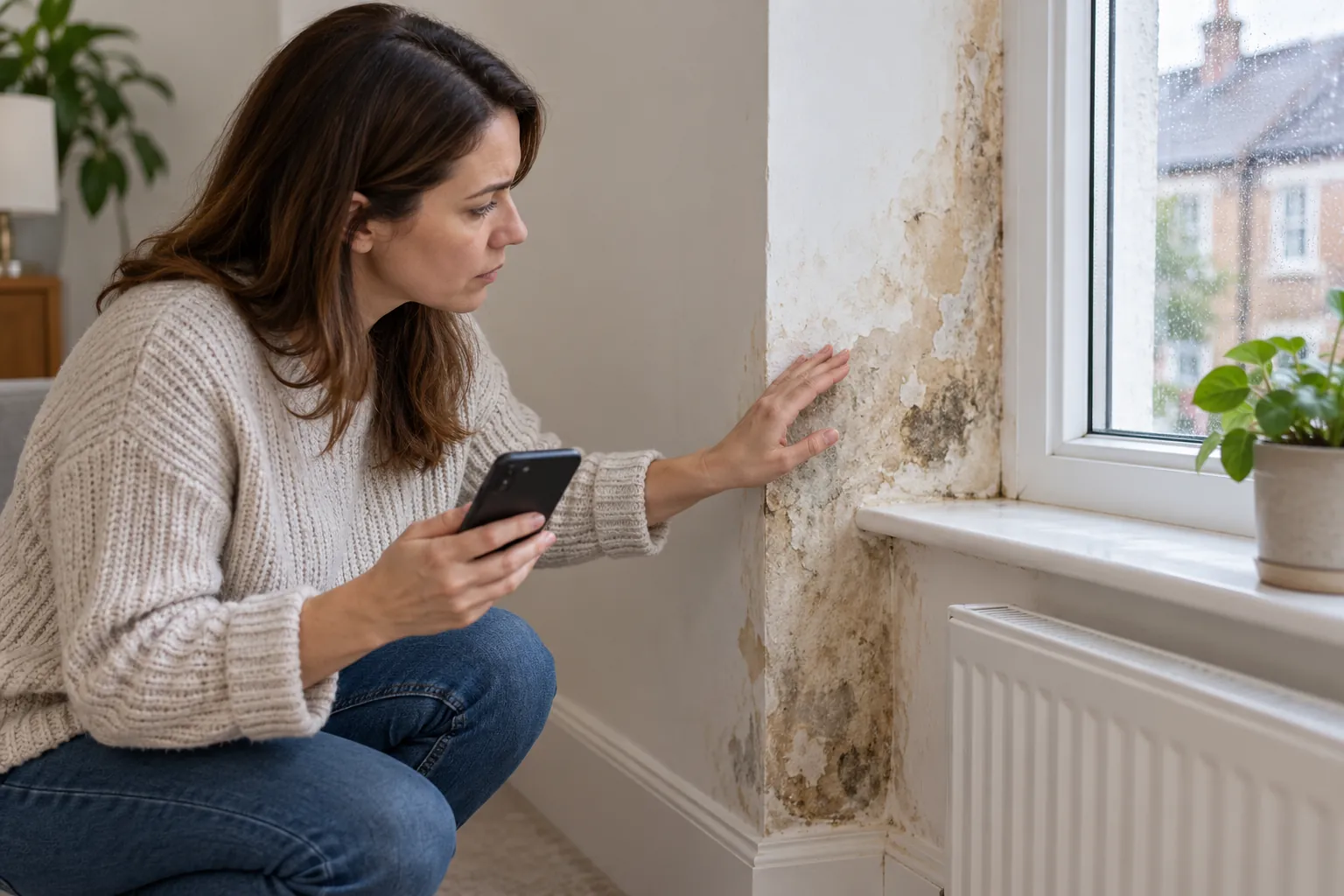 Illustration: homeowner looking at damp patch near window while holding phone