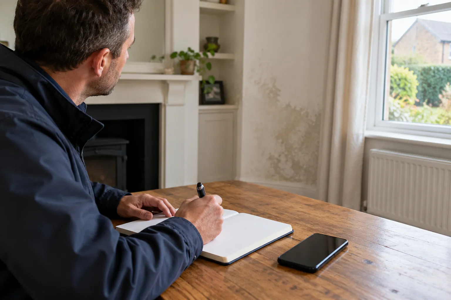 Illustration: plain notebook and phone on wooden table no readable screen