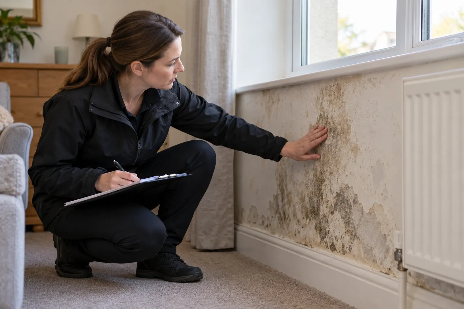 Illustration: female inspector assessing a damp stained wall