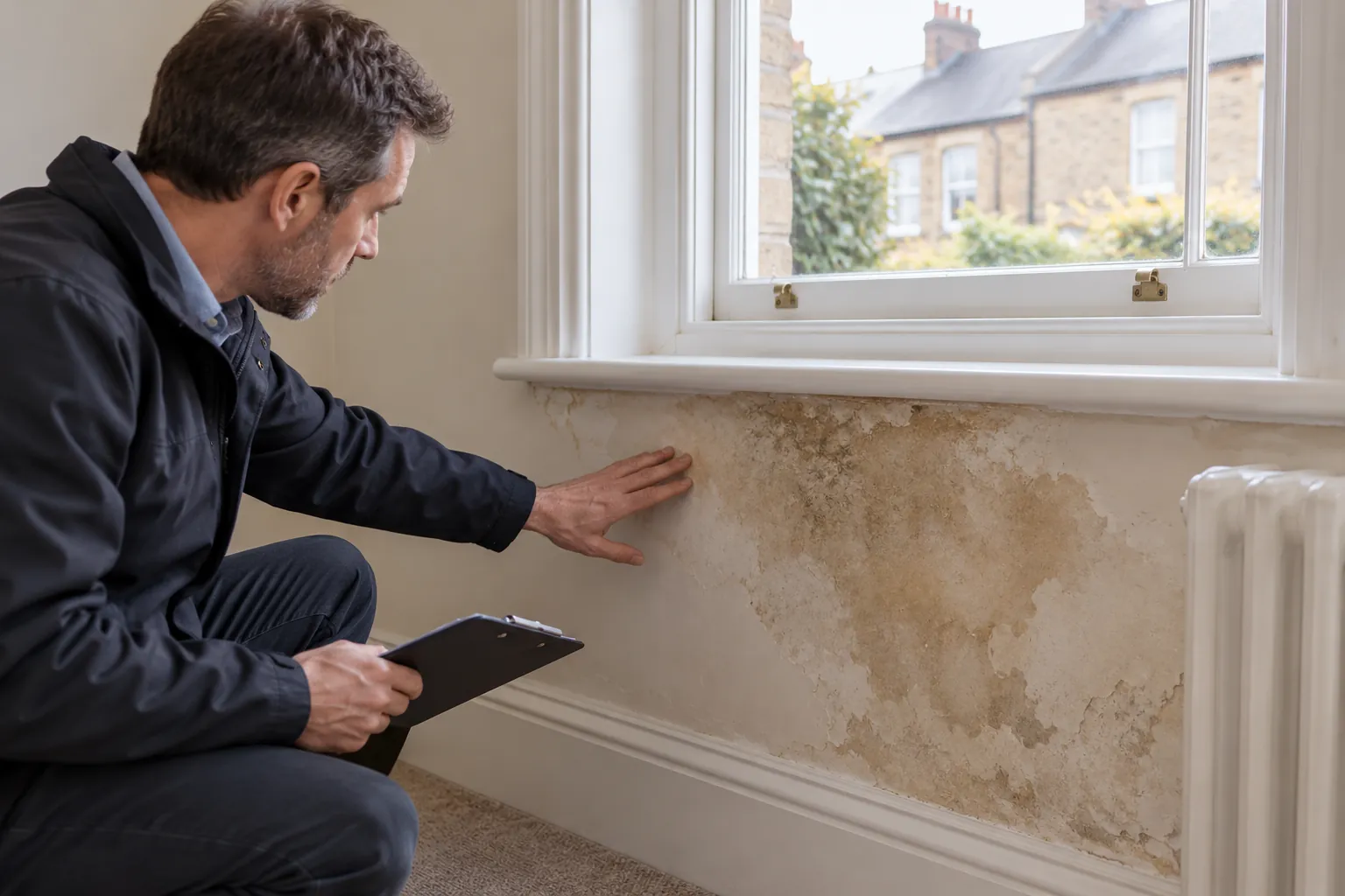 Illustration: brown damp patch below a British sash window