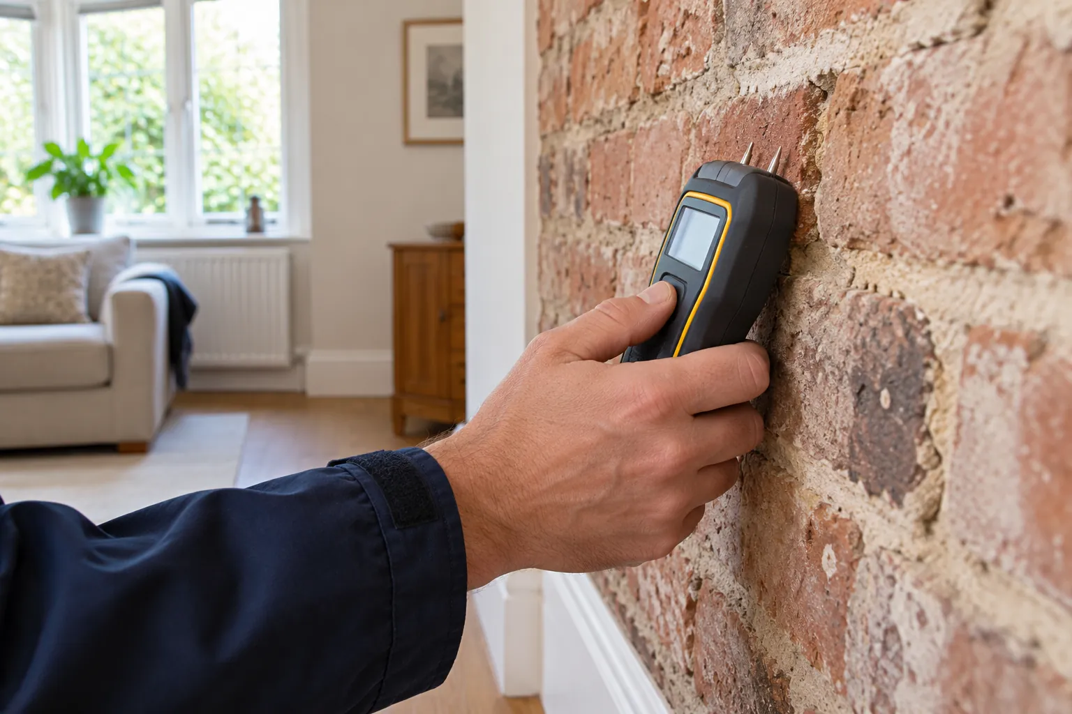 Illustration: hand holding a plain moisture meter on exposed brick