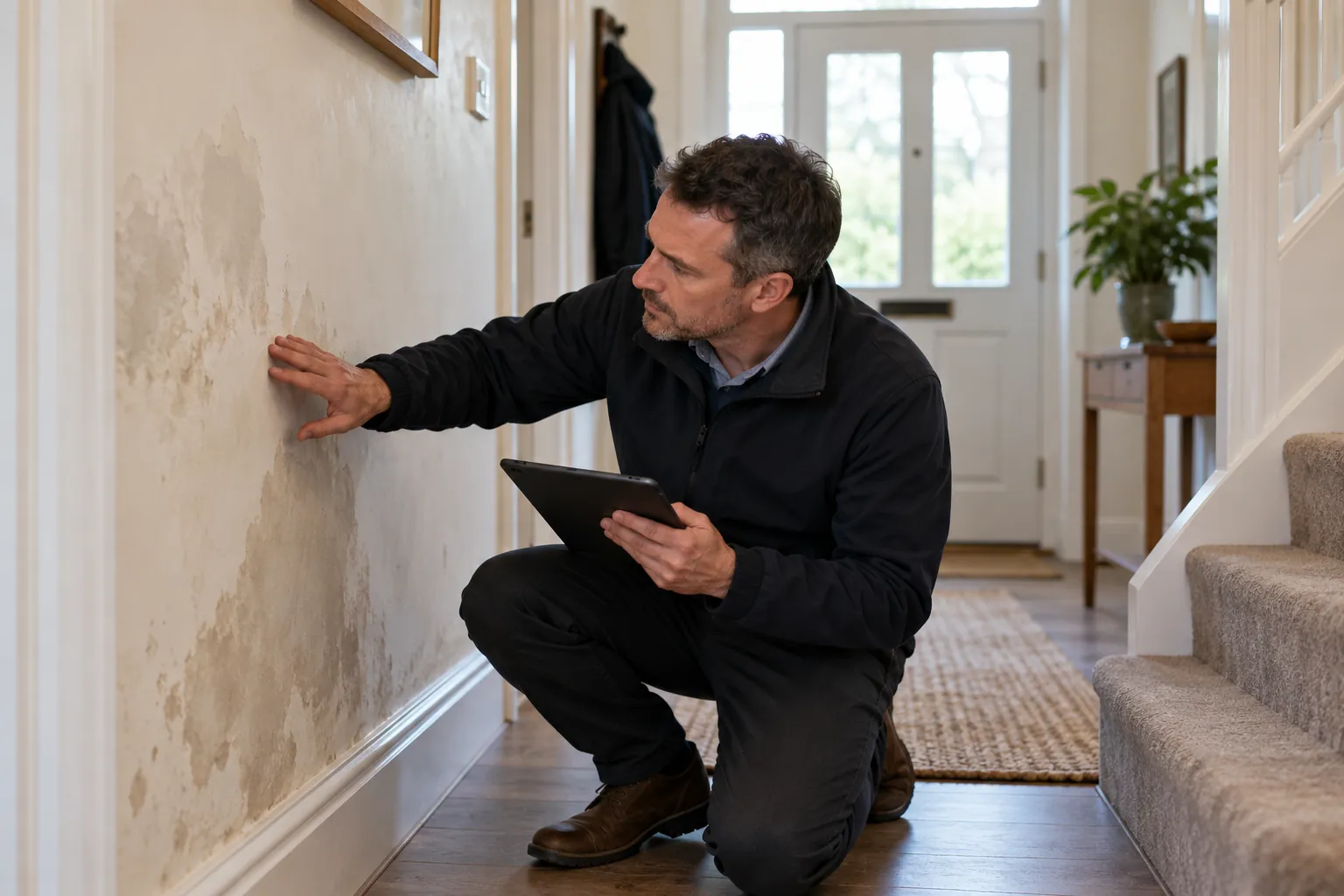 Illustration: inspector comparing damp patches in a hallway