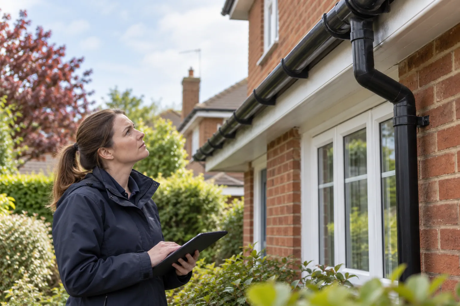 Illustration: female inspector observing rainwater gutter from ground beside British house