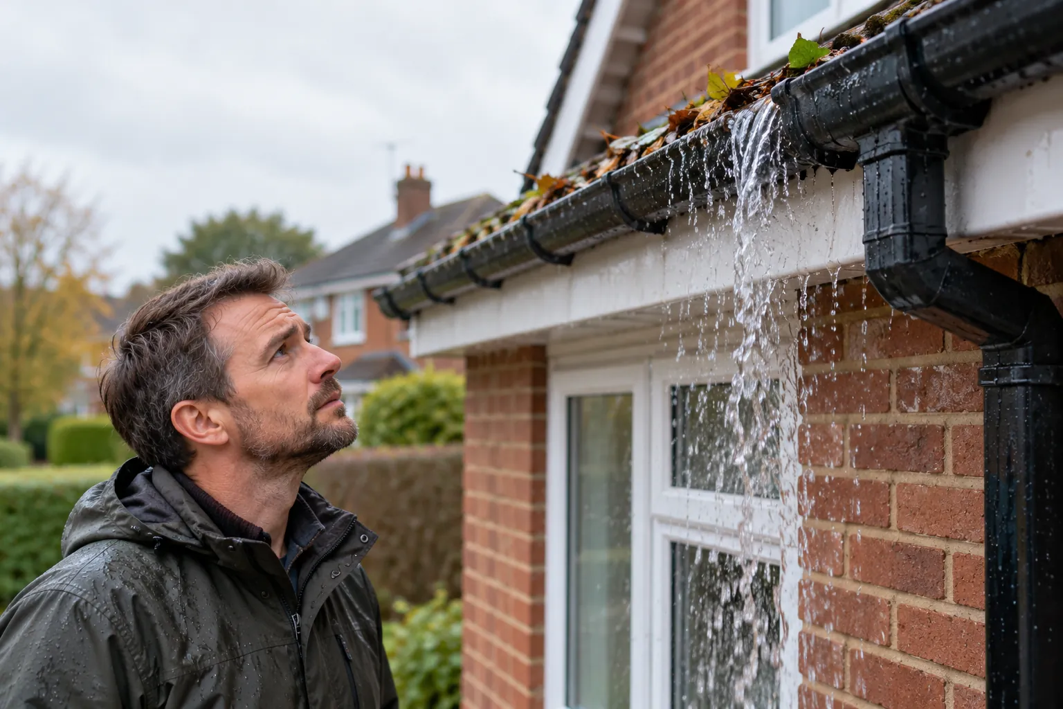 Illustration: water spilling from blocked gutter on British brick home
