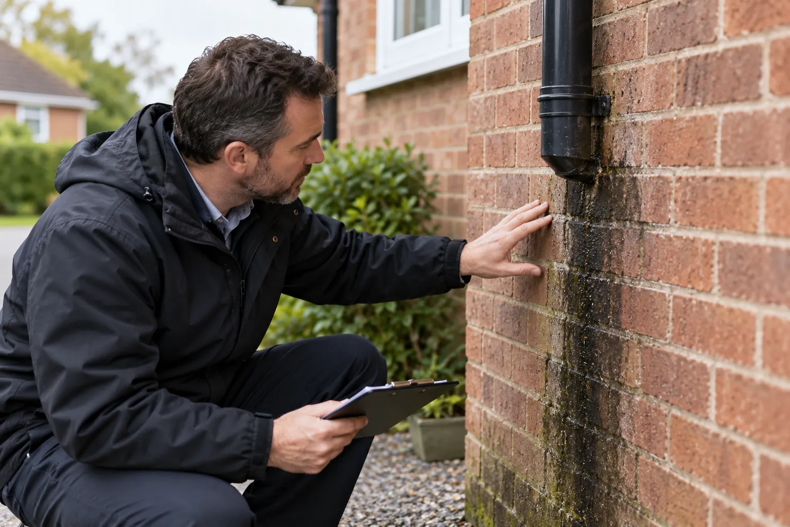 Illustration: dark rainwater staining below downpipe joint