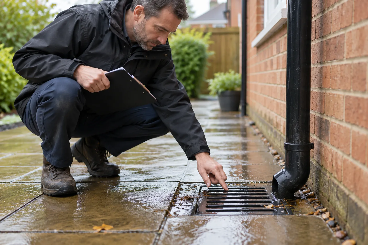 Illustration: ground-level rainwater gully surrounded by wet paving