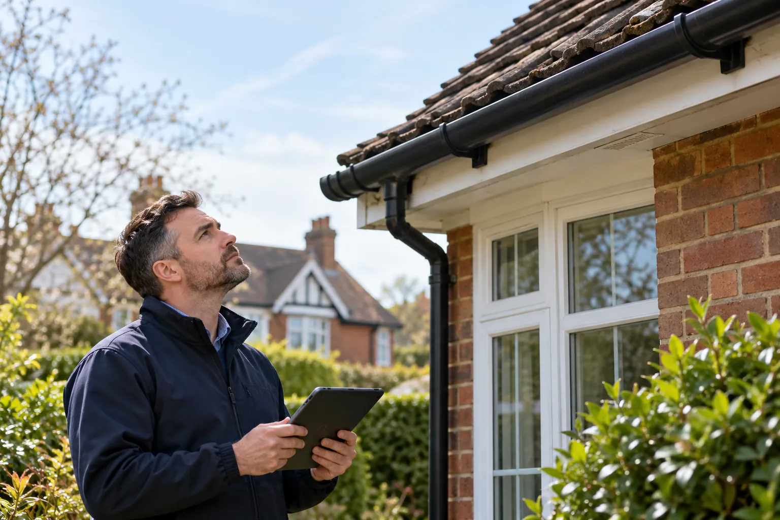 Illustration: inspector looking up at roof edge safely from ground
