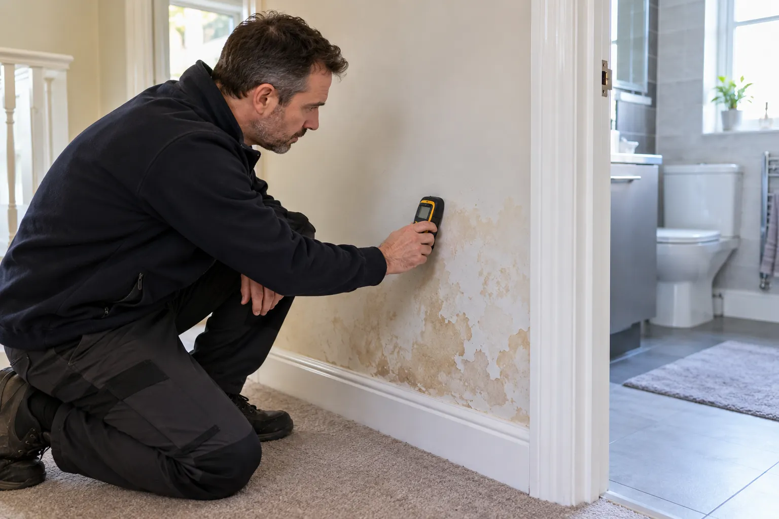 Illustration: male inspector examining damp below a bathroom without opening wall