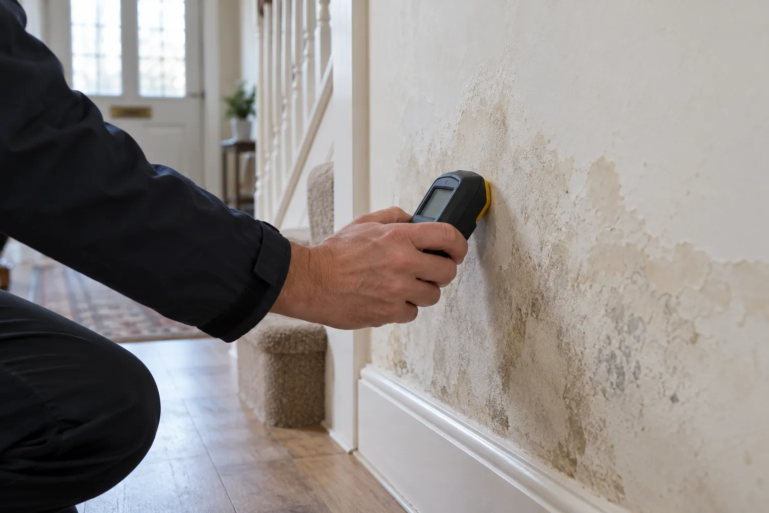 Illustration: plain moisture meter on damp hallway wall