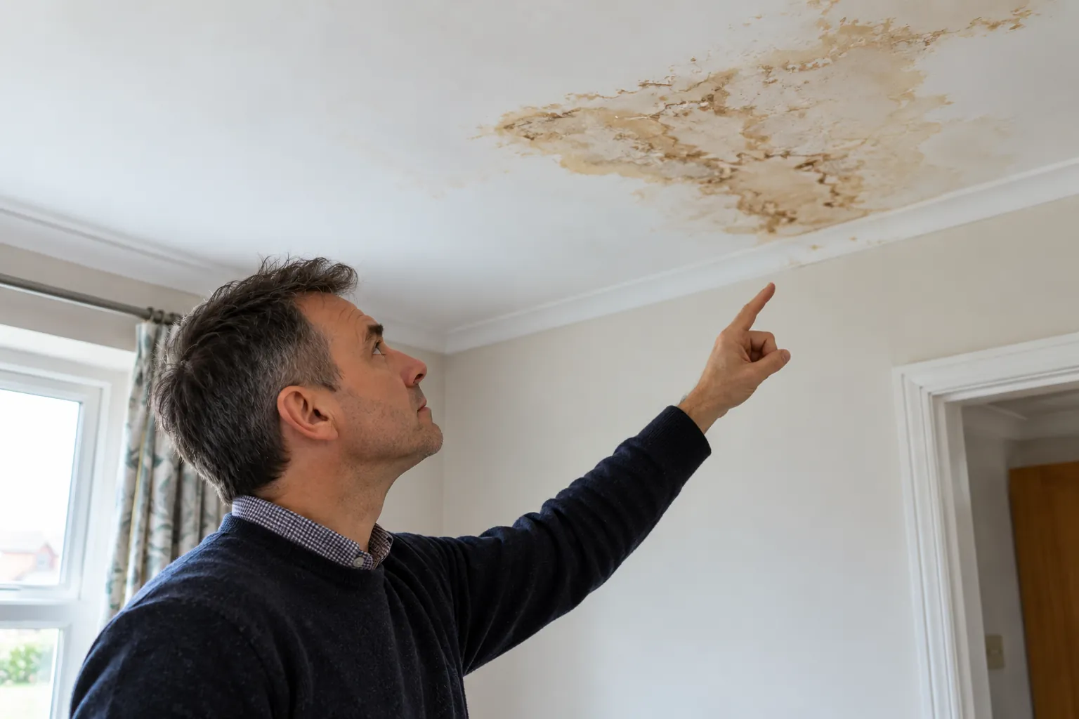Illustration: stained ceiling below upstairs bathroom