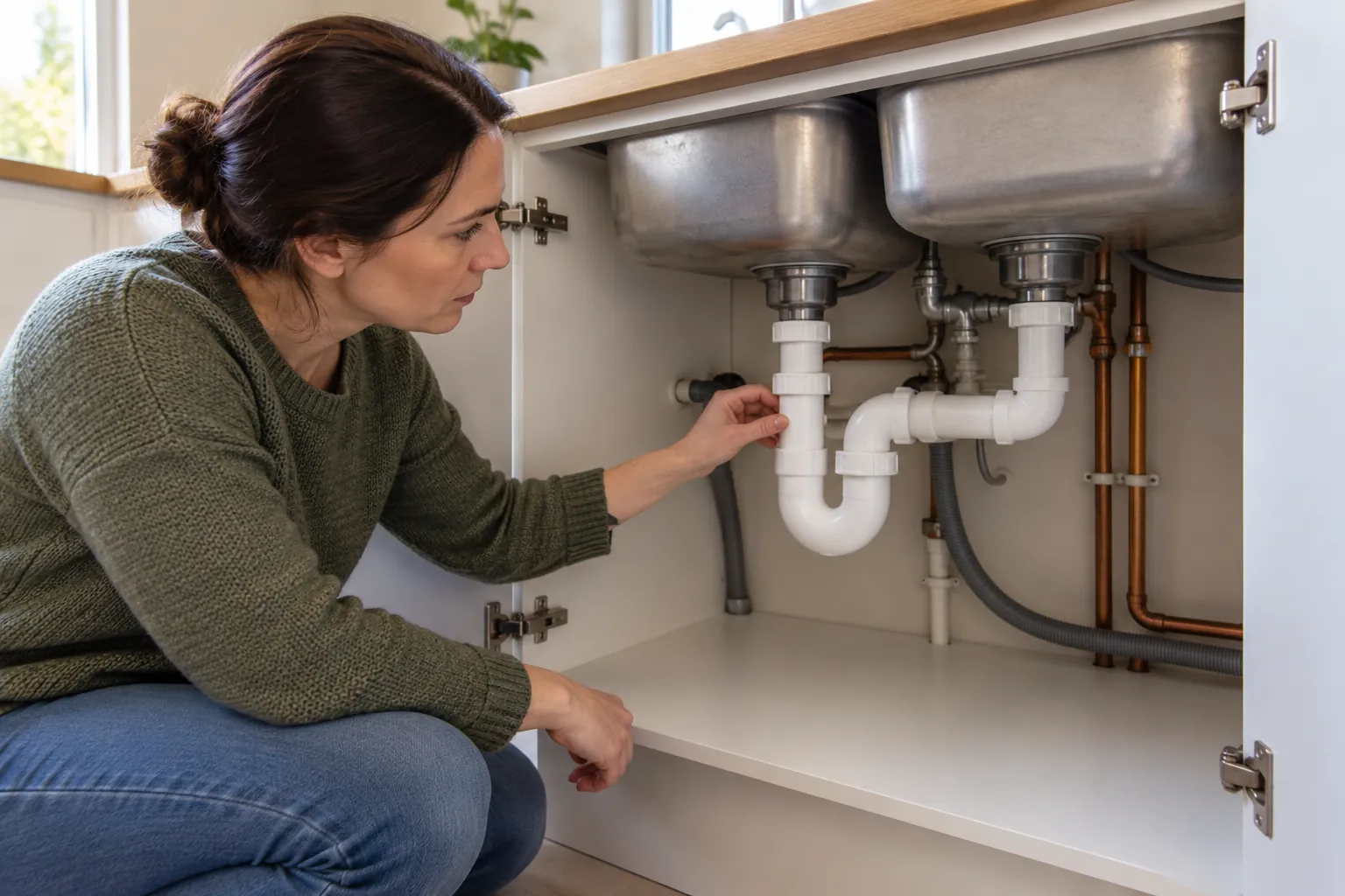 Illustration: accessible water pipes under a kitchen sink with no repair activity
