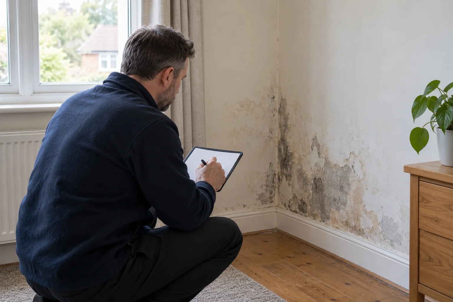 Illustration: inspector mapping affected wall using plain notebook screen hidden