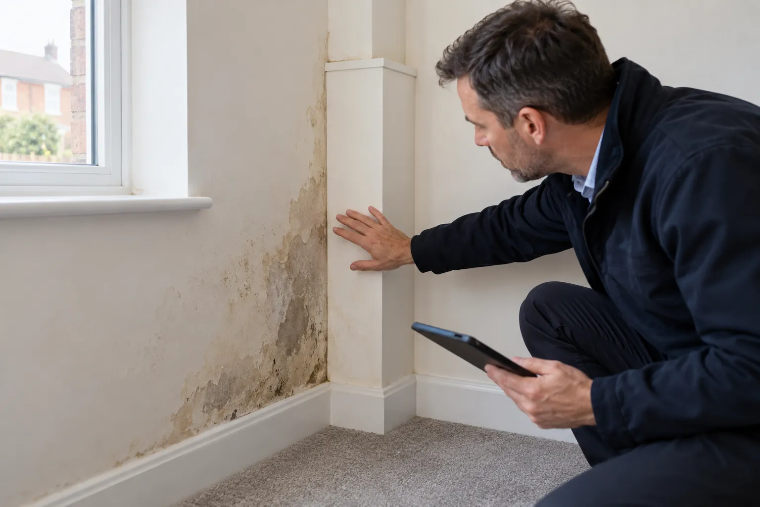Illustration: damp patch beside boxed-in pipework
