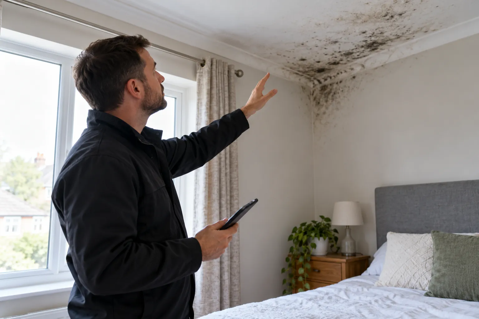 Illustration: male inspector examining mould on a bedroom ceiling