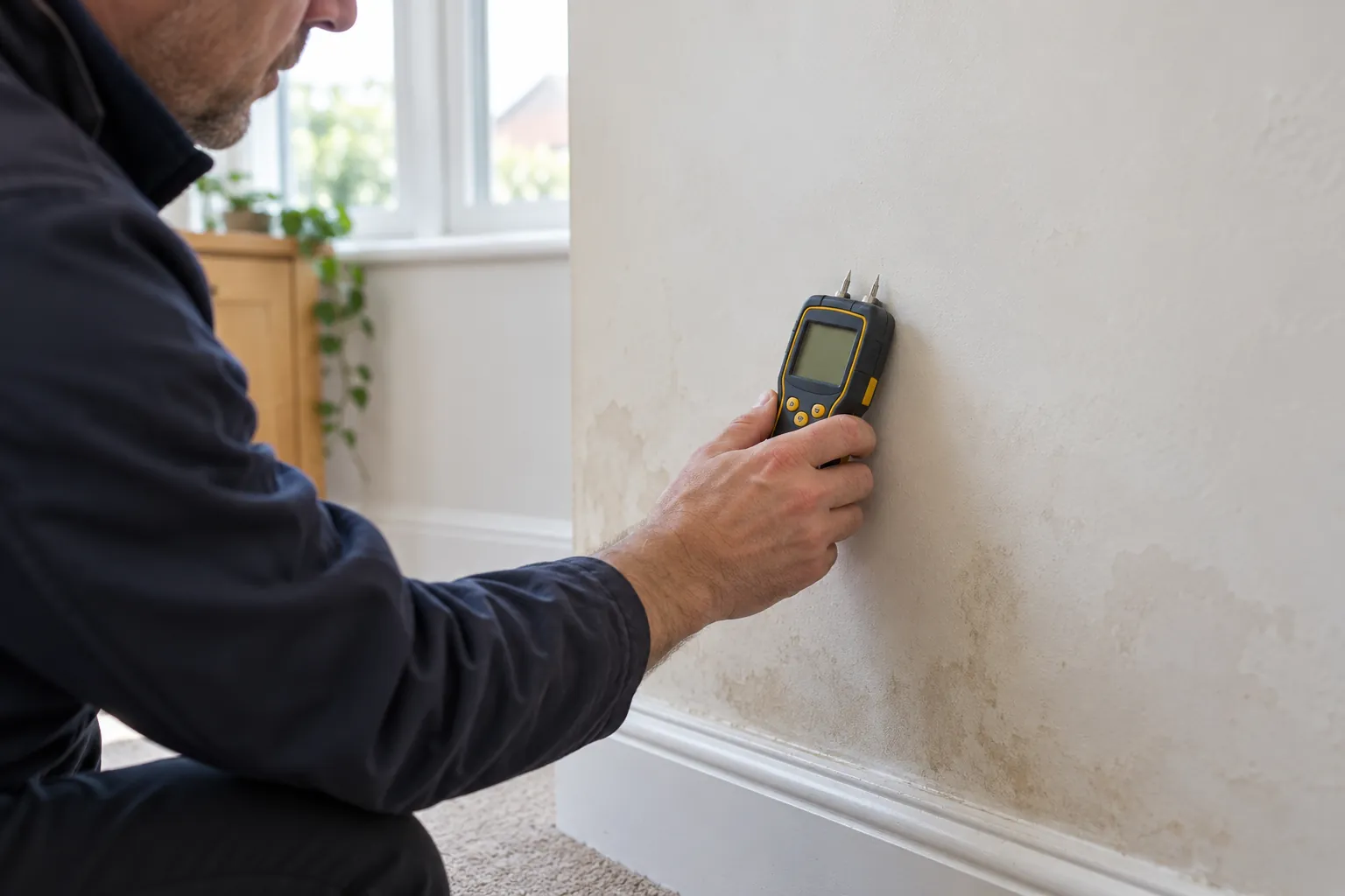 Illustration: moisture meter held against a plaster wall with blank display