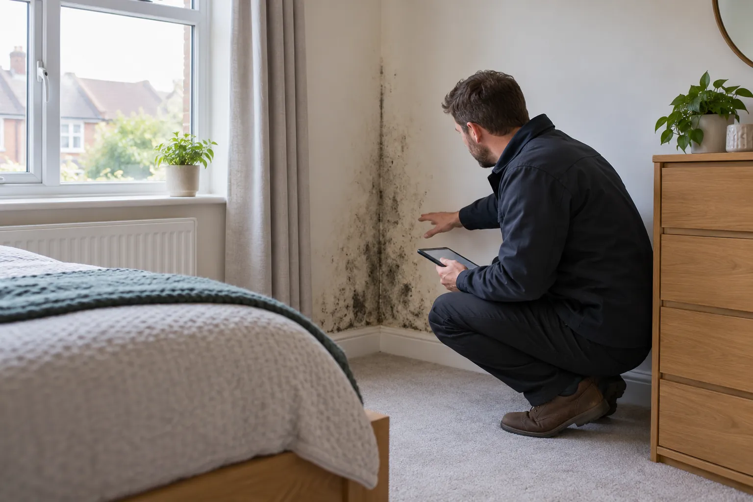 Illustration: wide British bedroom with mould in external corner