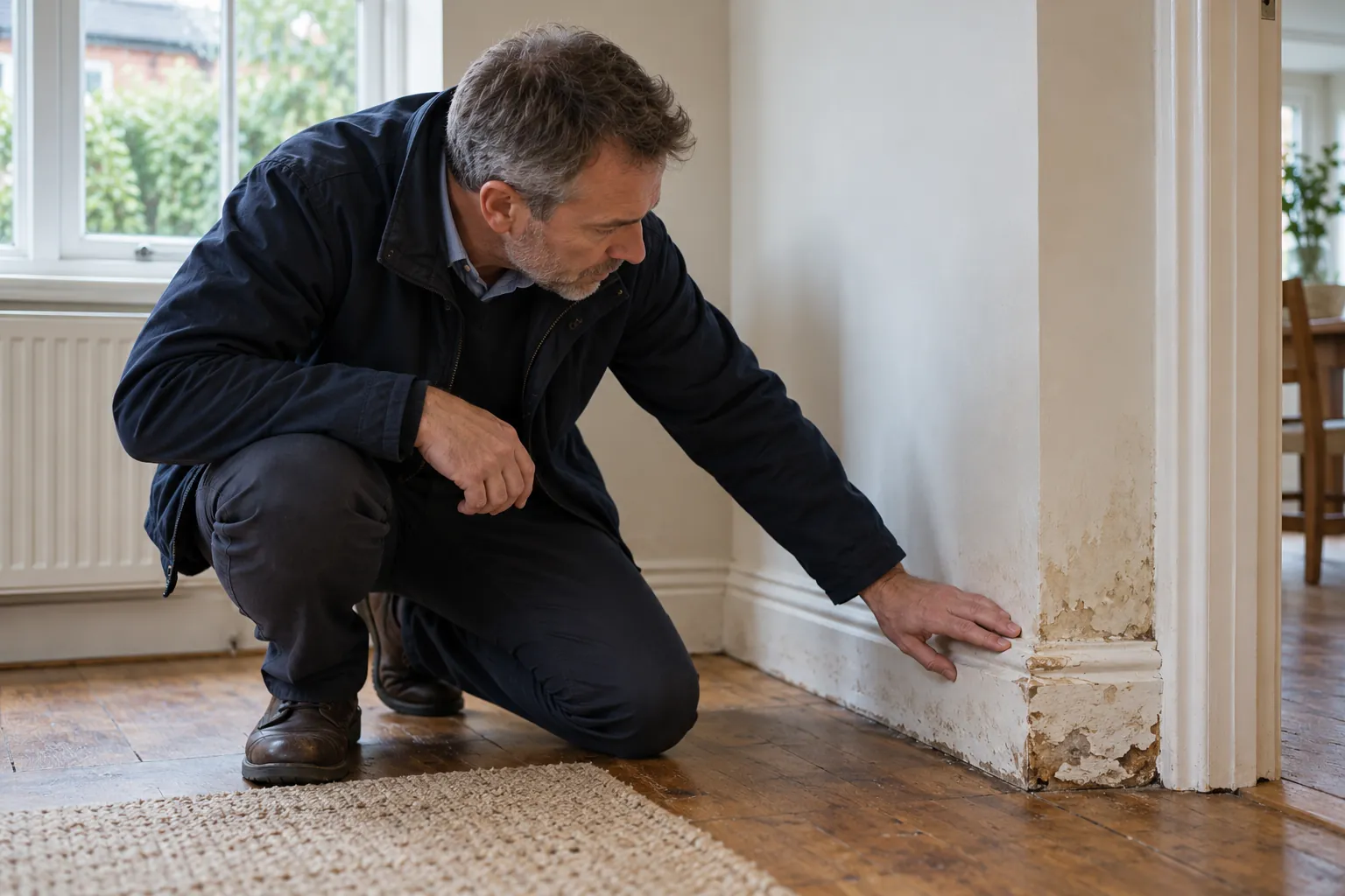 Illustration: inspector examining affected timber skirting
