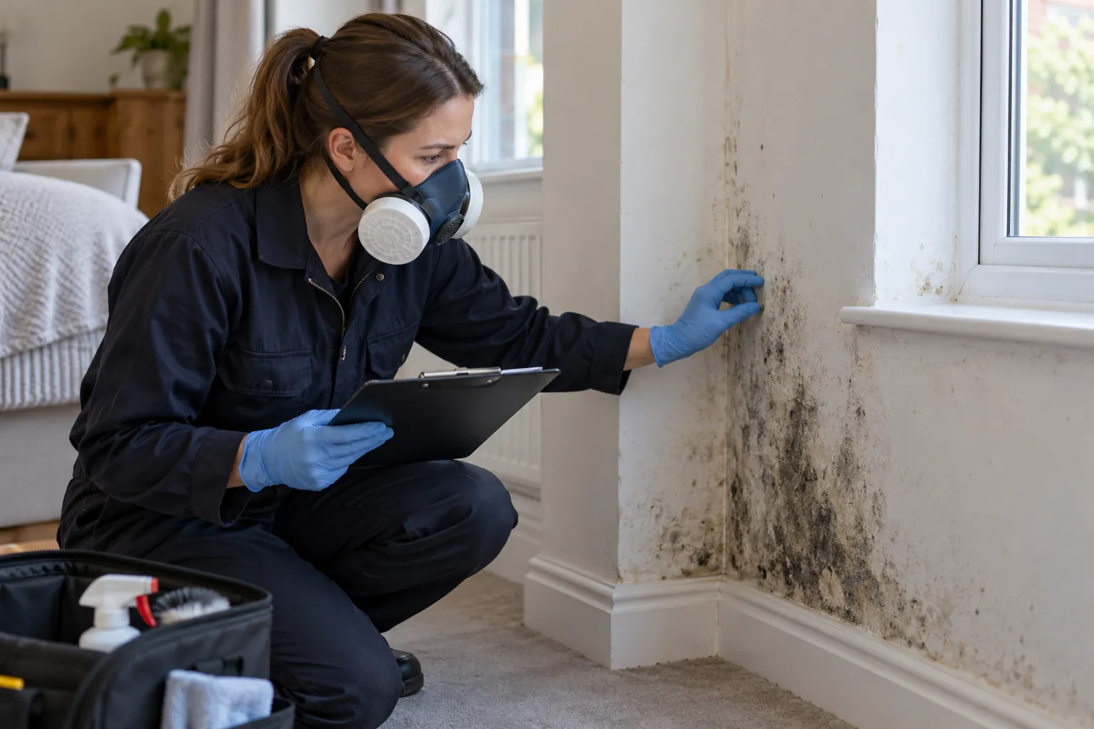 Illustration: respirator-wearing woman technician preparing to treat mould on a wall