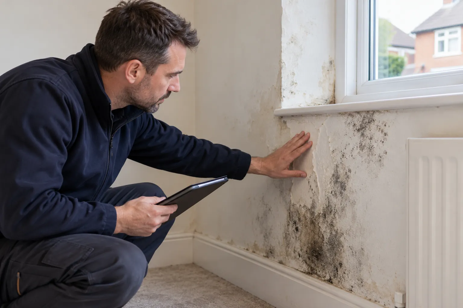 Illustration: technician inspecting damaged paint before mould treatment