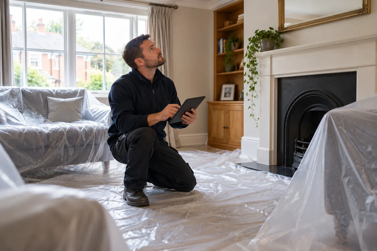 Illustration: protective sheeting laid around furniture before treatment