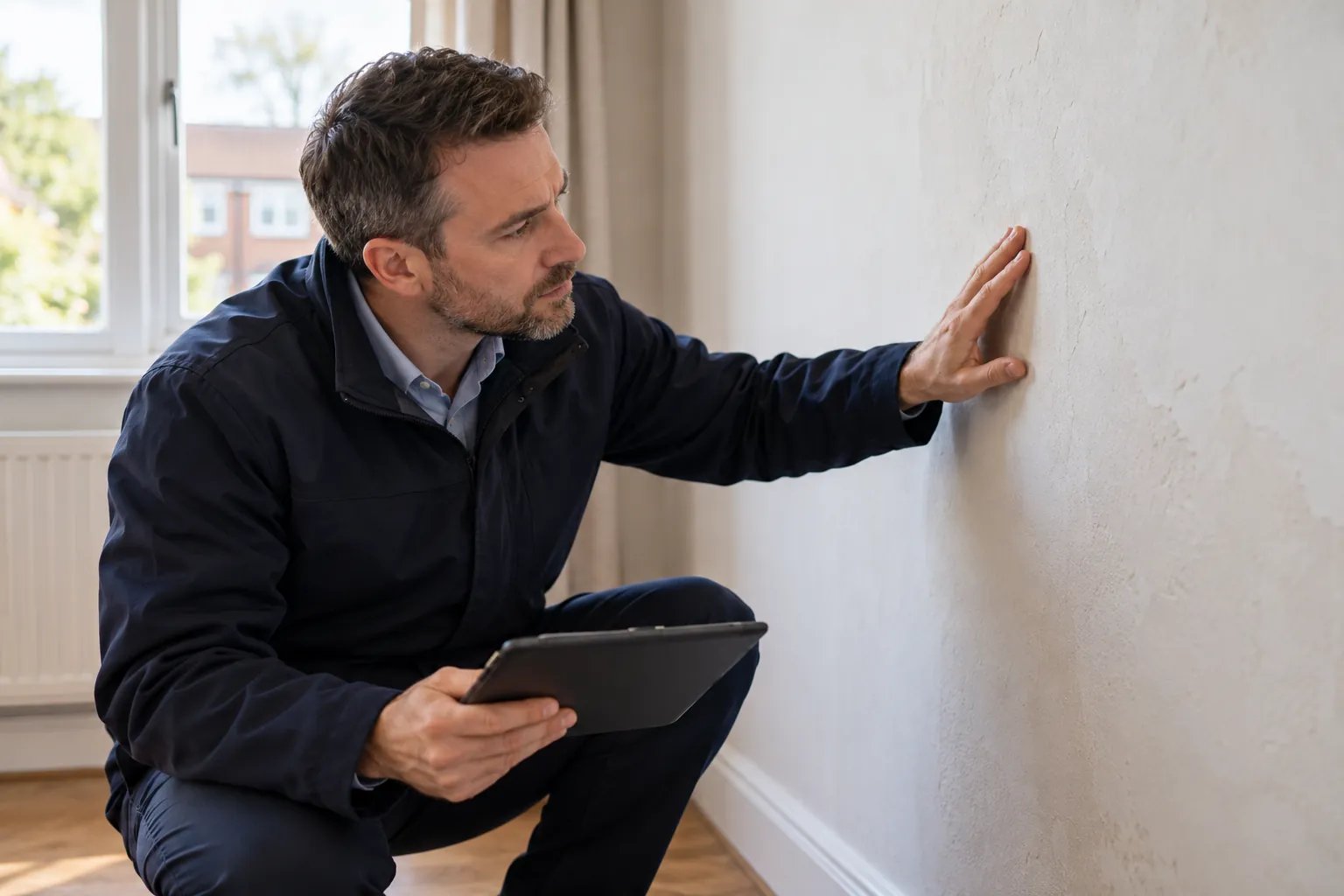Illustration: careful inspection of a wall after work with no before-after comparison