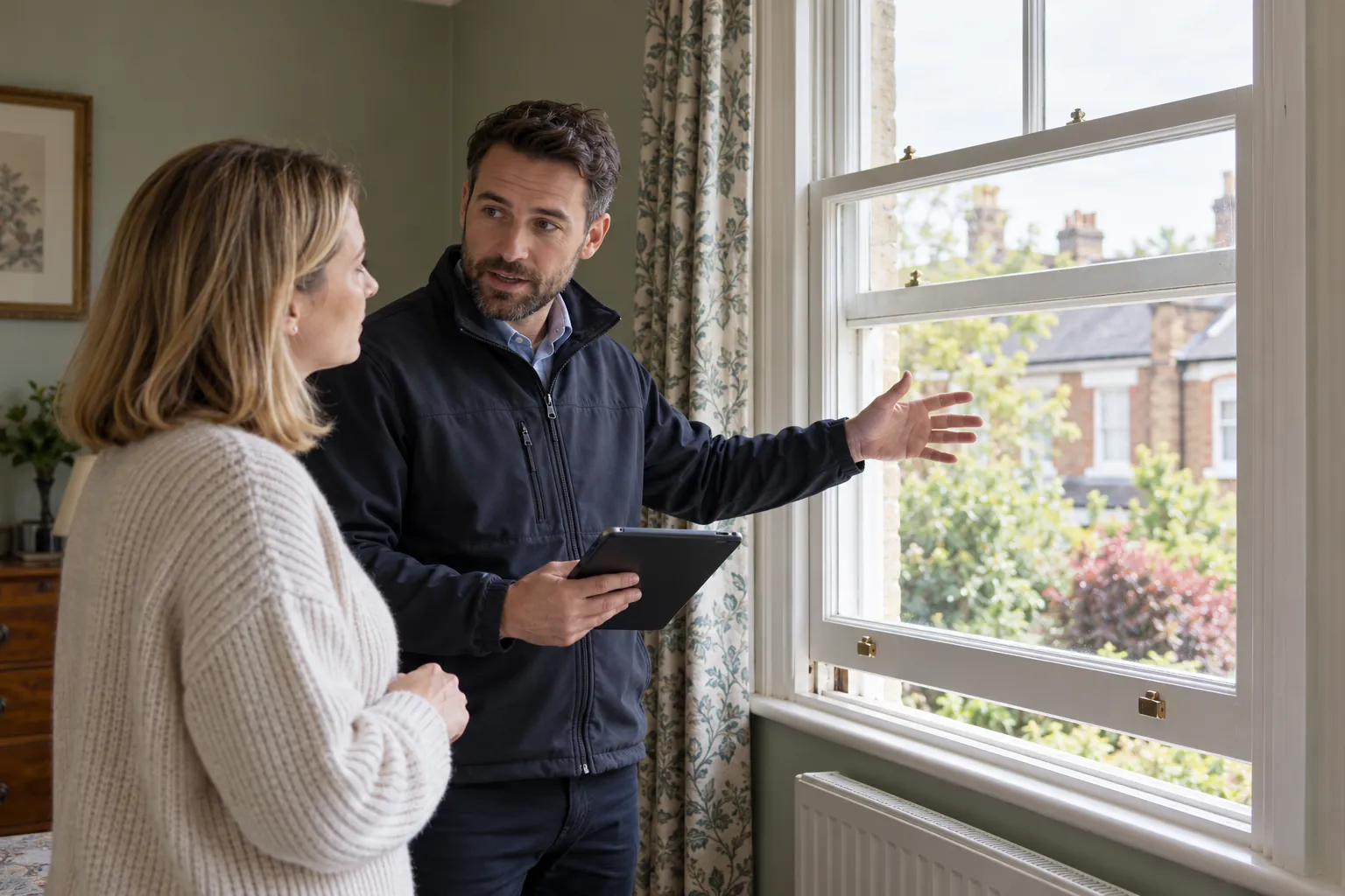 Illustration: technician discussing room airflow beside an open sash window